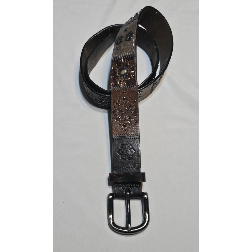 Vtg Fossil Patchwork Studded Leather Belt M 32"-36" Brown Metallic Y2K Brass Buc